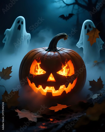 illustration d'une citrouille sculptée pour halloween dans un bois hanté avec des fantômes