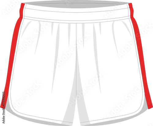 White athletic shorts with red side stripes for sports fashion and activewear design mockups vector