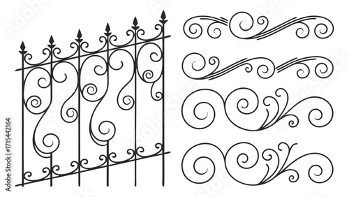 Ornate wrought iron fence and decorative swirl elements