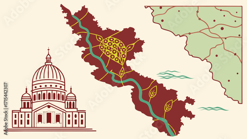 Stylized map elements featuring a dome building and a river landscape
