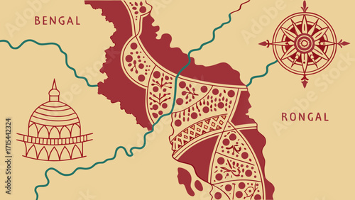 Stylized map of bengal and rongal with cultural icons