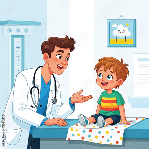 A friendly male doctor in a white coat smiles while talking to a happy young boy sitting on an examination table during a medical check-up.