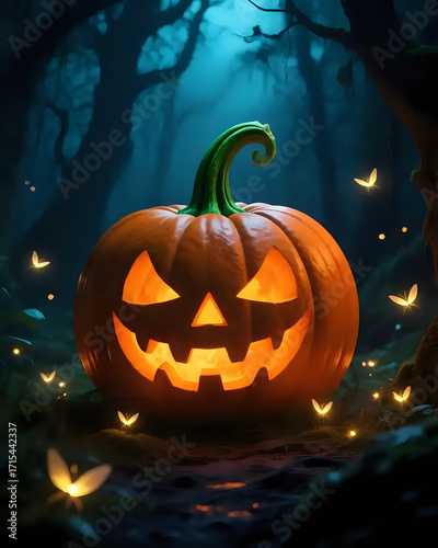 illustration d'une citrouille sculptée pour halloween dans un bois hanté avec des fantômes