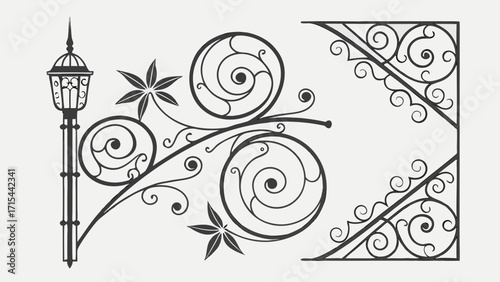 Ornate black wrought iron decorative elements and lamp post