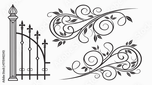 Elegant black and white ornate scrollwork and gate design elements