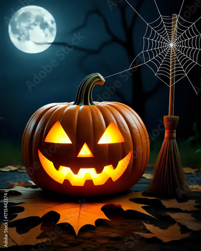 illustration d'une citrouille sculptée pour halloween dans un bois hanté avec des fantômes