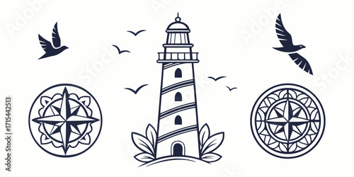 Nautical lighthouse compass and seagull vector art