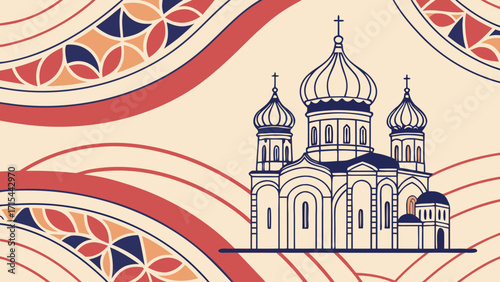 Stylized russian orthodox church with decorative pattern