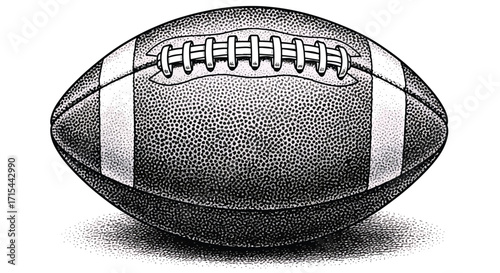 Realistic vintage illustration of American football ball in black and white, detailed sports drawing symbolizing tradition and athletics.