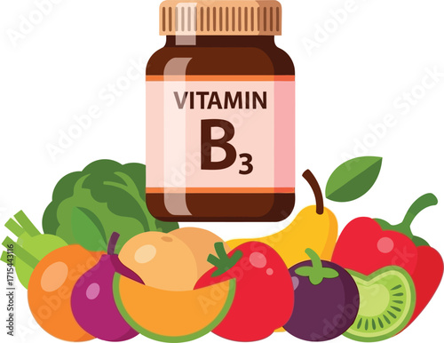 Vitamin b3 supplement bottle surrounded by fresh healthy vegetables and fruits for nutritional health concept vector
