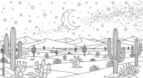 Desert landscape nighttime coloring page