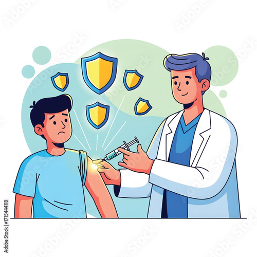 A doctor administering a vaccine injection to a concerned patient, with protective shield symbols.
