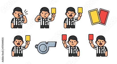Cartoon referee icons with whistle, red and yellow cards, and gestures, playful vector illustration representing football rules and judgment.