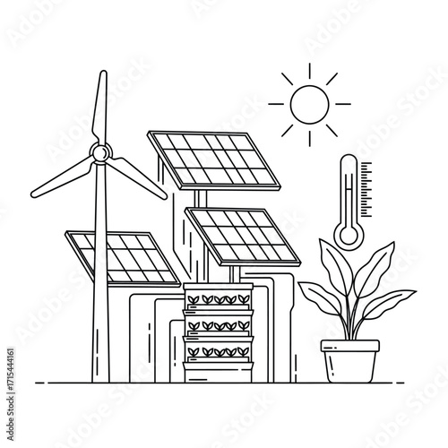 Vector art of renewable energy sources and vertical farming setup illustration