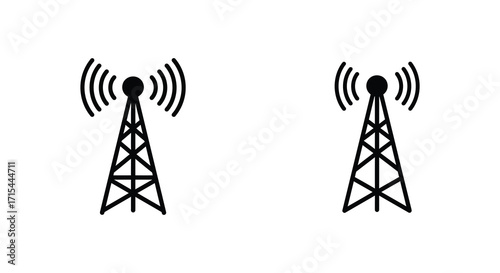 Two simple black and white illustrations of radio transmission towers