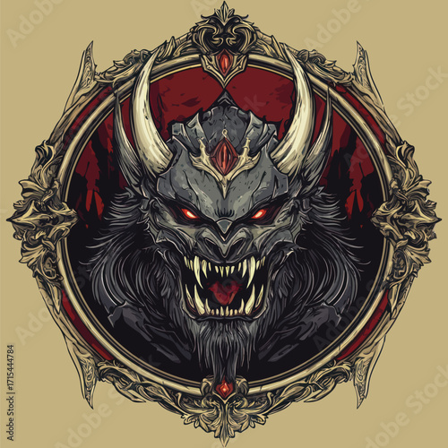  Dark Horned Beast Head in Ornate Frame | Menacing Fantasy Creature Vector Art