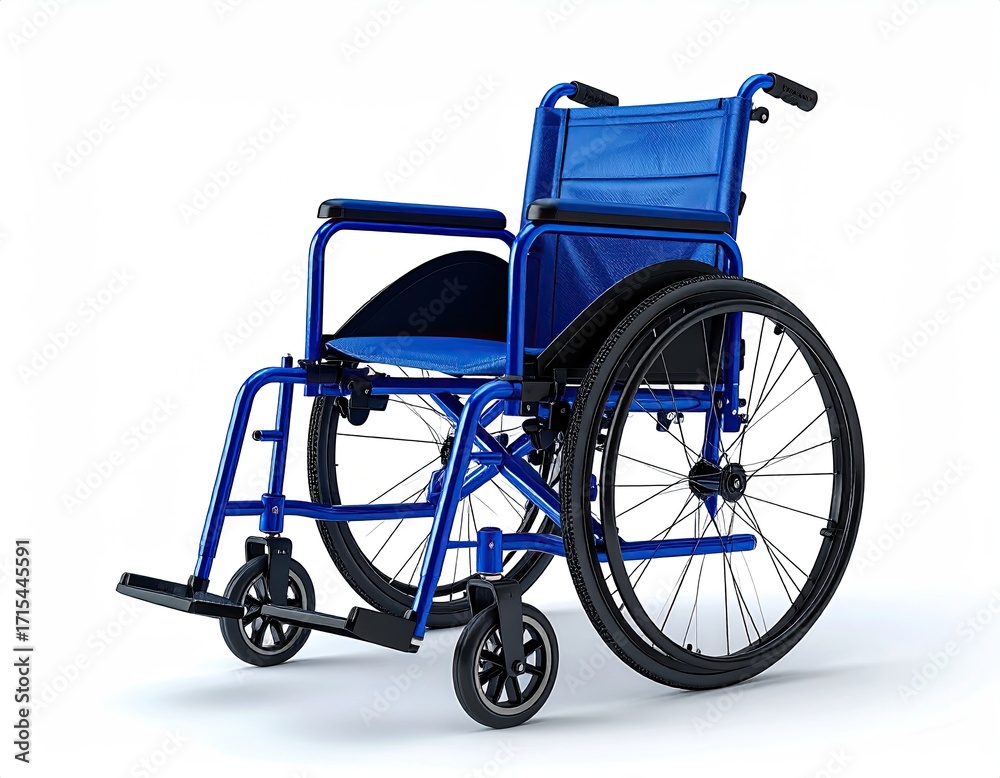 Fototapeta premium Modern blue manual wheelchair for mobility and accessibility isolated on a white background.