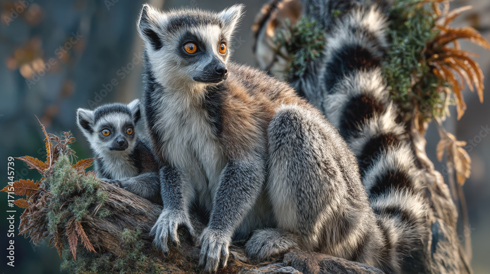 Obraz premium A watchful ring-tailed lemur with striking amber eyes sits protectively on a branch, her curious baby peeking out beside her, framed by lush textures and a striped tail in the background.