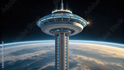 Fototapeta Naklejka Na Ścianę i Meble -  Futuristic space station tower extending from earth orbiting above planet surface