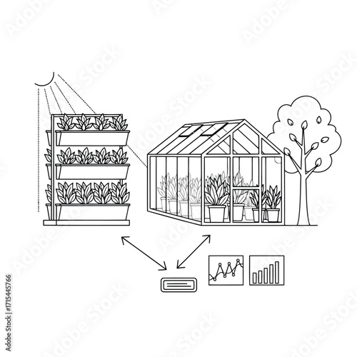 Vector art of greenhouse and vertical garden system with data analysis