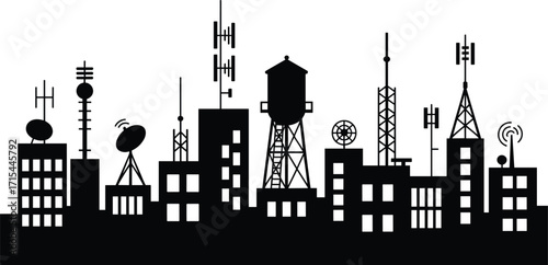 Communication towers, skyline silhouette, antenna icons, network equipment, telecom structures, black vector illustration, urban technology, digital signals, broadcasting, signal towers