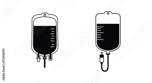Two black and white illustrations of intravenous fluid bags are displayed