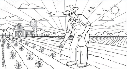 Farmer planting seeds sunrise landscape