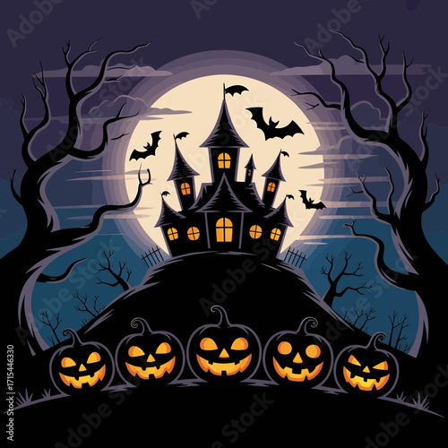 Spooky haunted house scene with glowing pumpkins and bats flying under a full moon night