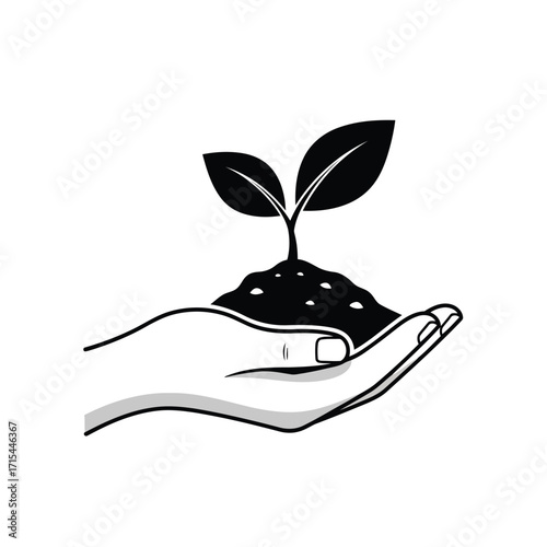 Vector art of hand holding soil with a young plant growing