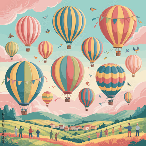 Whimsical hot air balloons float above picturesque countryside drawing happy crowds outdoors