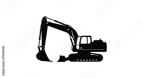 A black silhouette of a heavy duty construction excavator machine