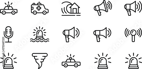 Emergency icons set, disaster warning signs, alert and rescue symbols, police, ambulance, megaphone, siren, flood, tornado, broadcast system