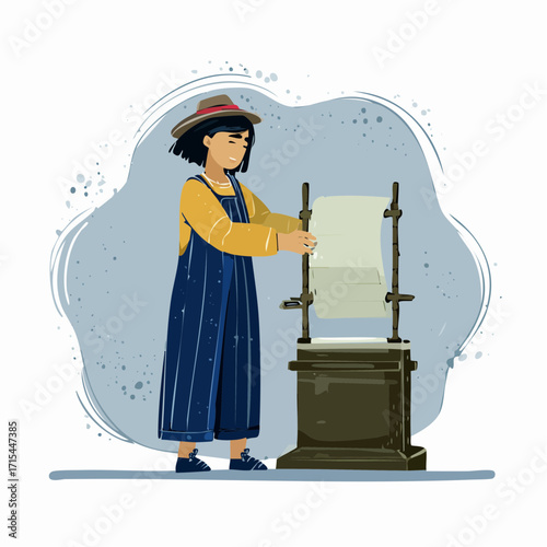 Young woman carefully placing paper into antique printing press.