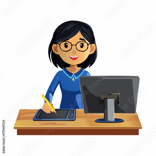 Happy female graphic designer working at her desk using a digital drawing tablet and computer.