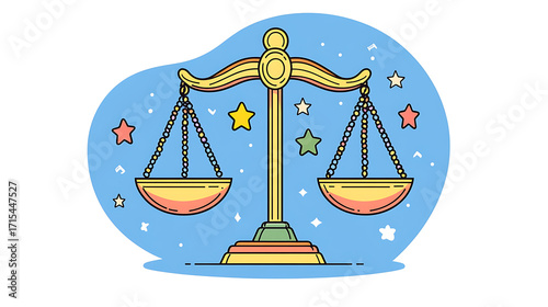 Symbolic scales represent equality and justice, embodying concept of morality in vibrant and colorful design