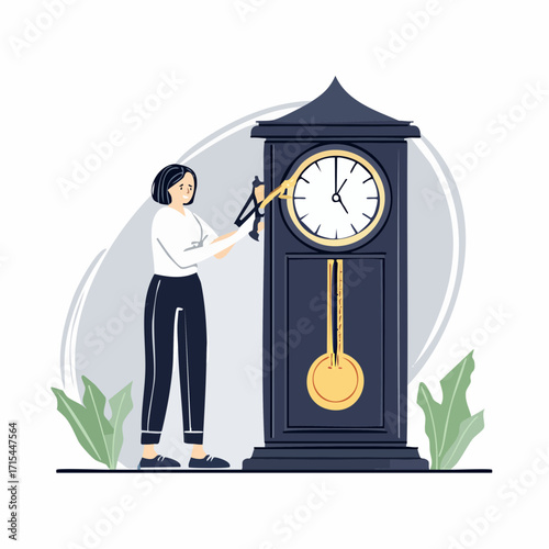 Woman adjusting the pendulum of a large grandfather clock.