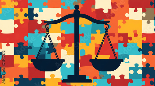 Image represents symbolic balance scale against colorful puzzle background, illustrating concepts of equality, morality, and justice