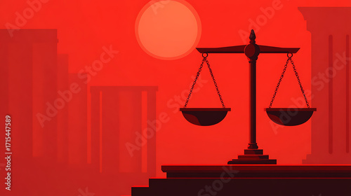 Scales of justice symbolize equality and morality under red sun, representing concept of justice in powerful and striking manner
