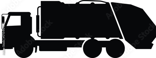Garbage truck silhouette, waste vehicle icon, sanitation transport, black vector design, urban service truck, recycling, disposal, cleanup, municipal, heavy-duty