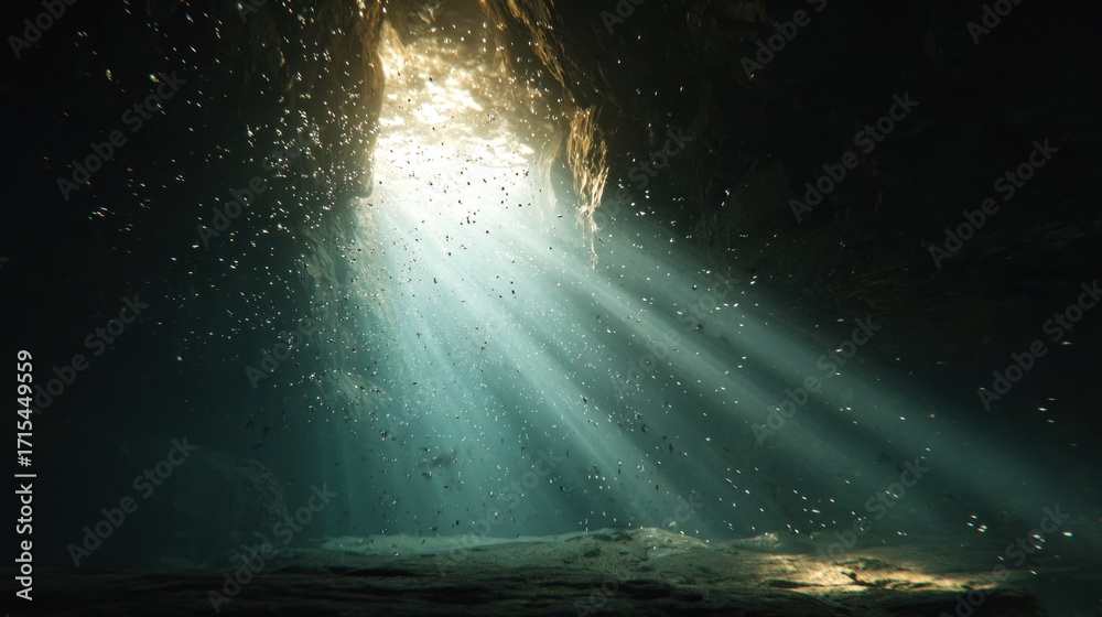 Obraz premium Sunlight streams into an underwater cave, creating a mesmerizing display of light and shadow in the depths of the ocean