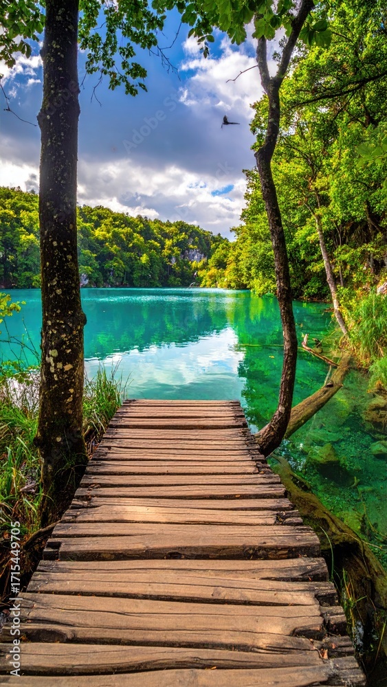 Fototapeta premium Tranquil lake vista with wooden boardwalk. Lush greenery surrounds a turquoise lake, with a wooden path leading into the scene. Sunlight filters through the trees, creating a peaceful atmosphere