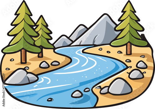 Scenic River Stream with Rocks Clipart Vector Illustration