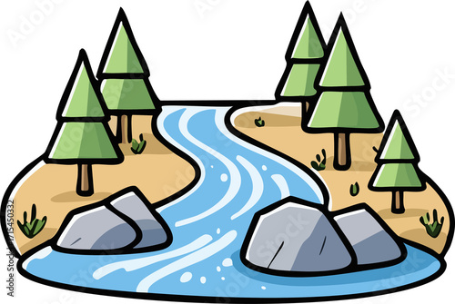 Scenic River Stream with Rocks Clipart Vector Illustration