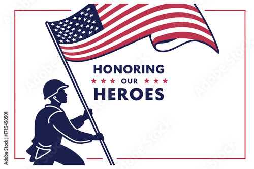 Silhouette of soldier carrying American flag honoring heroes
