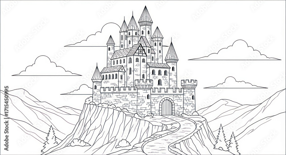 Naklejka premium Majestic castle drawing mountain landscape