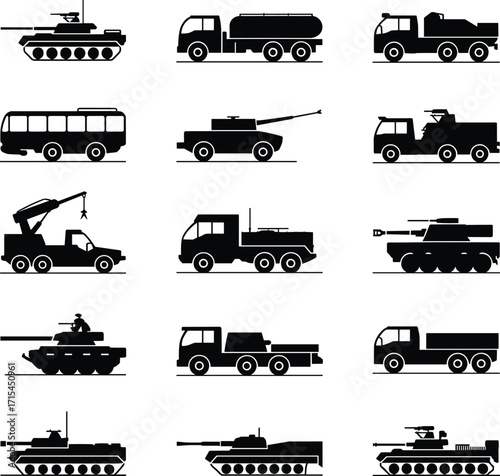 Military tanks and trucks vector set, combat vehicles, missile launchers, defense transport, army silhouettes, warfare icons, war machine illustration