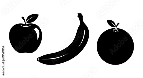 Minimalist Fruit Icon Set Vector with Apple Banana and Orange Silhouettes
