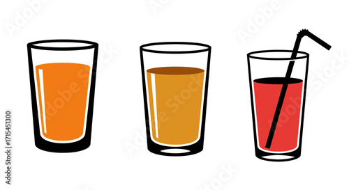 Minimalist Drink Glasses Icon Set Vector Illustration with Colorful Juice and Soda