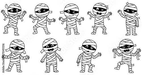 Adorable mummy character set for Halloween projects and spooky season fun, scalable art