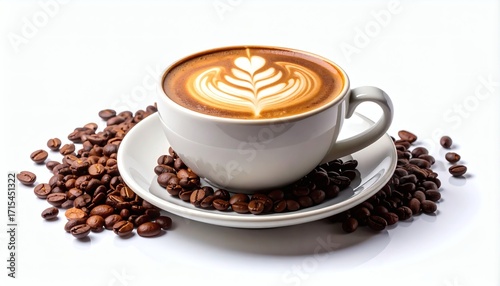 Latte Art Perfection: Cup of Coffee with Beans on White Background